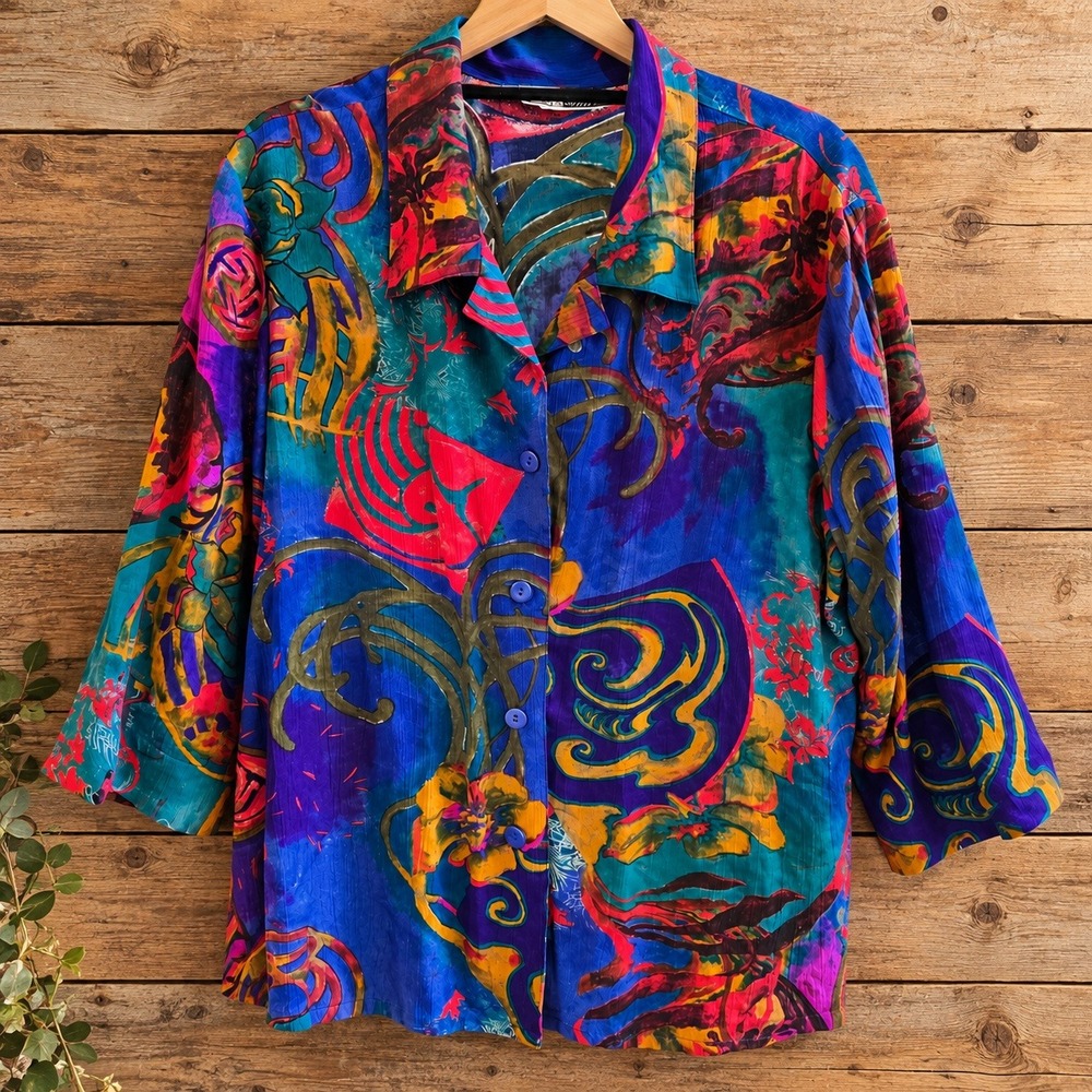 CM Shapes Abstract Floral Button Up Shirt Colorful 3/4 Sleeve Top Boho Medium